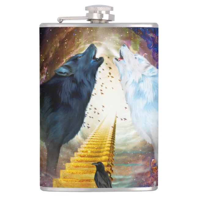 Awesome black and white wolf hip flask (Front)