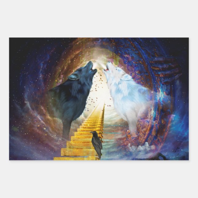 Awesome black and white wolf wrapping paper sheet (Front)