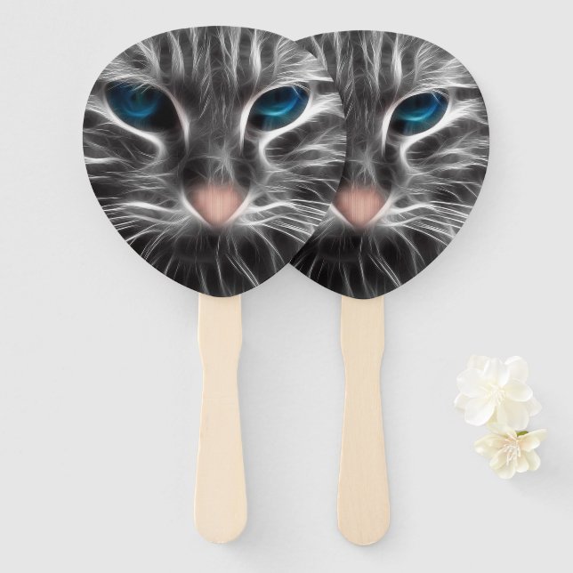 Awesome Blue Eyed Cat Face Hand Fan (Front and Back)