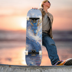 Awesome Blue Gold Dragon Soaring Above Clouds Skat Skateboard