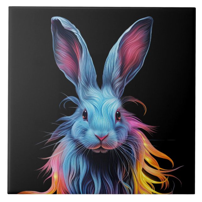 Awesome Blue Rabbit on Fire  Ceramic Tile (Front)