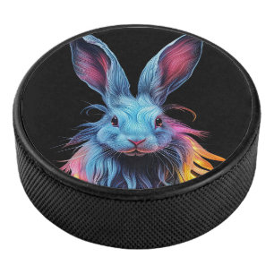 Awesome Blue Rabbit on Fire Hockey Puck
