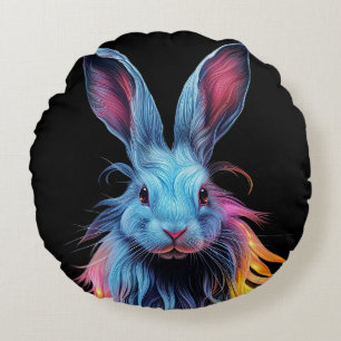 Awesome Blue Rabbit on Fire  Round Cushion