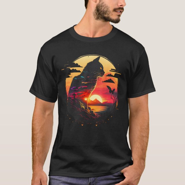 Awesome Cat Sunset Retro Aesthetic Cat  Graphic T-Shirt (Front)