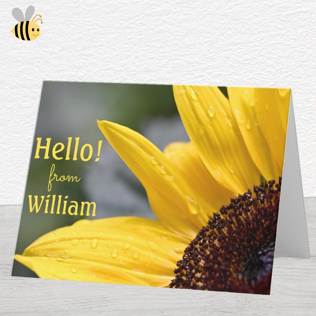 Awesome Close-Up Big Sunflower w/ Dew Drops Hello Card (Creator Uploaded)