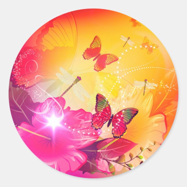 Awesome colourful flowers and butterflys classic round sticker (Front)