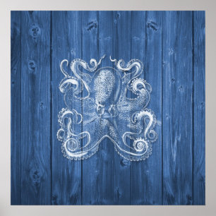 awesome cool Antique effect white octopus Poster