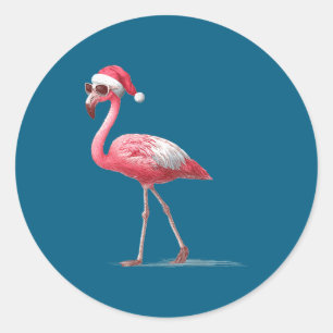 Awesome Cool Flamingo With Christmas Hat And Sungl Classic Round Sticker