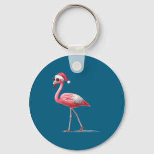 Awesome Cool Flamingo With Christmas Hat And Sungl Key Ring