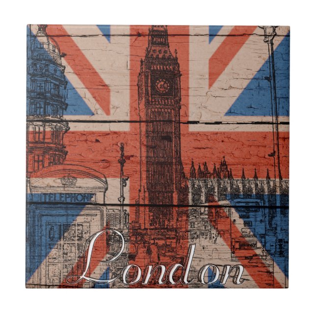 Awesome cool trendy old wood grunge U.k. flag Ceramic Tile (Front)