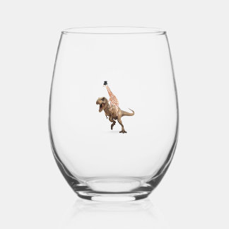 Awesome Crazy Giraffe Top Hat T-Rex - Mens_Womens Stemless Wine Glass
