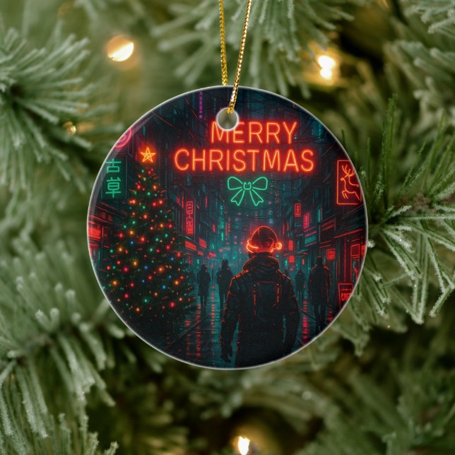Awesome cyberpunk Christmas street Ceramic Ornament (Tree)