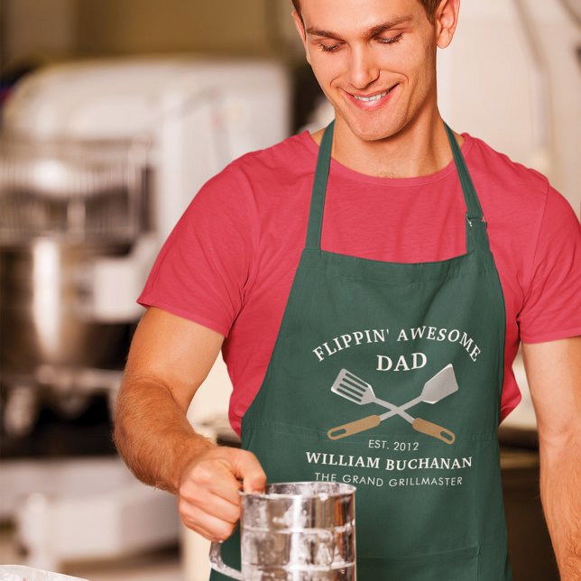 Awesome Dad BBQ Grill Chef Personalised Any Colour Apron (Flipping Awesome Dad Father's Day Green Custom Apron)