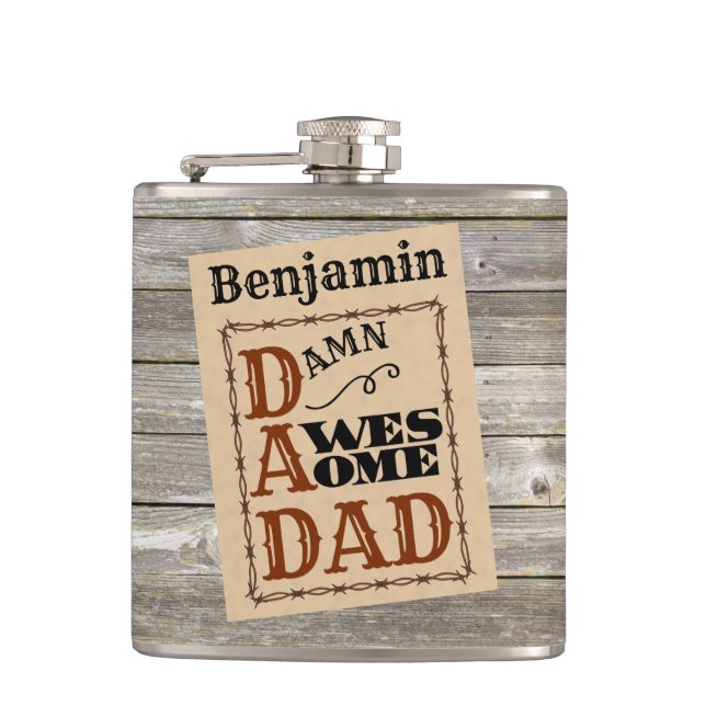 Awesome Dad Western Themed Custom Name Hip Flask (Front)