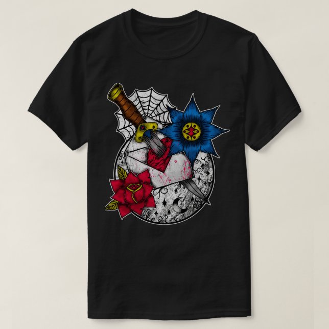 Awesome Dagger In The Heart Graphic Knife Artistic T-Shirt (Design Front)