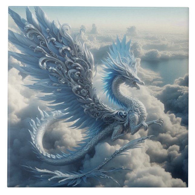 Awesome Dragon Surrounded by Clouds  Ceramic Tile (Front)