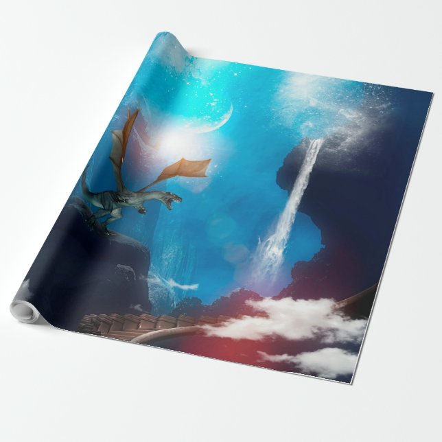 Awesome dragon with waterfalls wrapping paper (Unrolled)