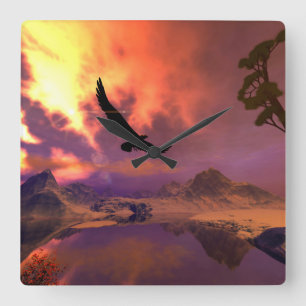 Awesome fantasy landscape with flying eagle square wall clock