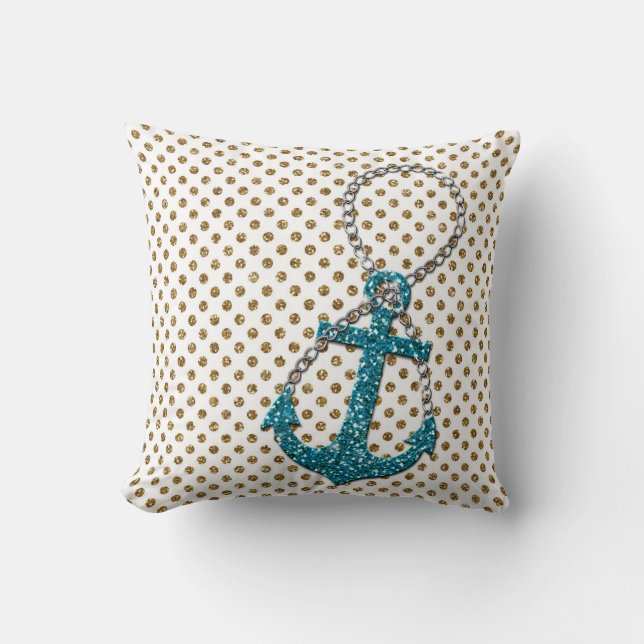Awesome  faux glitter peacock blue nautical anchor cushion (Front)