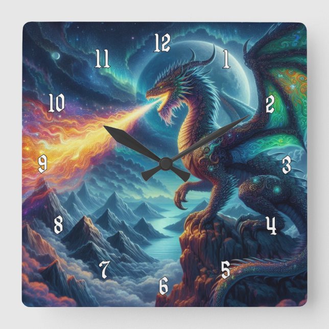Awesome Fire Breathing Dragon Square Wall Clock (Front)