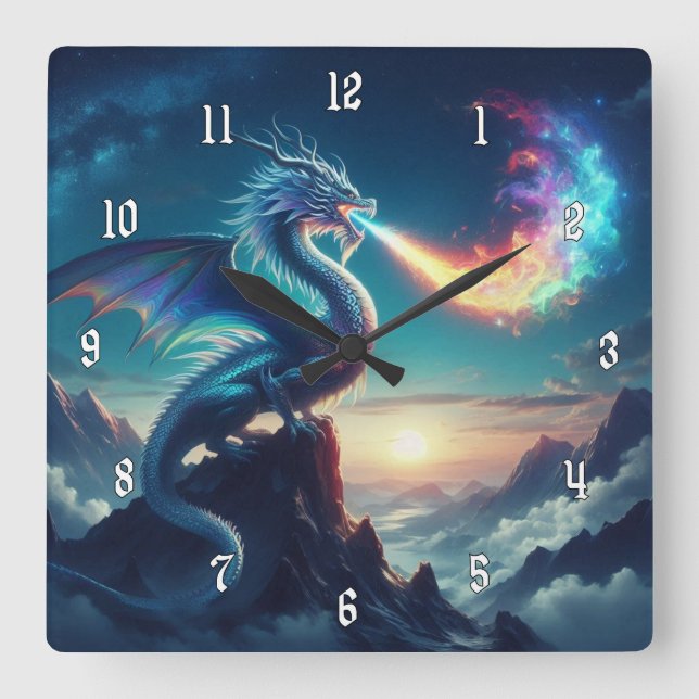 Awesome Fire Breathing Dragon Square Wall Clock (Front)