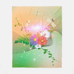 Awesome flowers and dragonflies fleece blanket