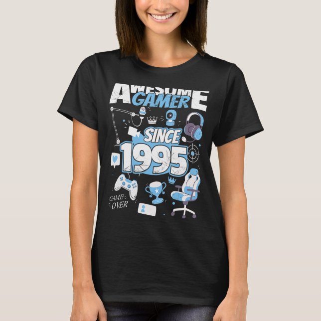 Awesome Gamer since 1995 Boy Girl Gaming Setup T-Shirt (Front)