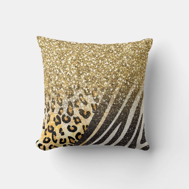 Awesome girly trendy gold leopard and zebra print cushion (Front)
