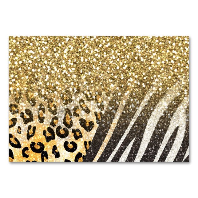 Awesome girly trendy gold leopard and zebra print table number (Front)