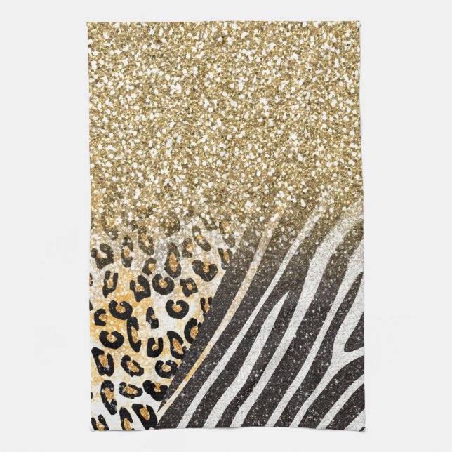 Awesome girly trendy gold leopard and zebra print tea towel (Vertical)