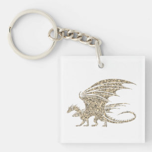 Awesome Golden Mosaic Dragon on white Key Ring
