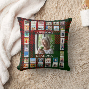 Awesome Grandma Photo Collage Black Red Tartan Cushion