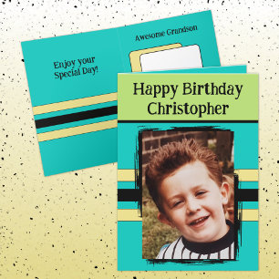 Awesome Grandson add photo turquoise birthday Card