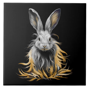 Awesome Grey Rabbit on Fire Ceramic Tile