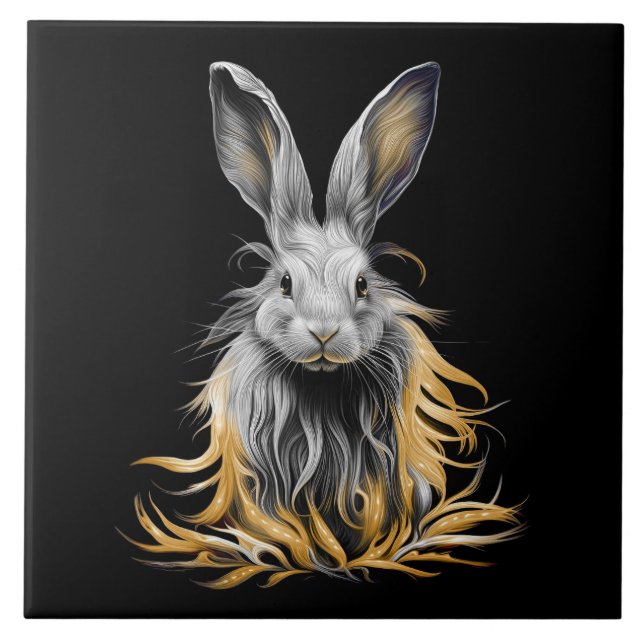 Awesome Grey Rabbit on Fire  Ceramic Tile (Front)