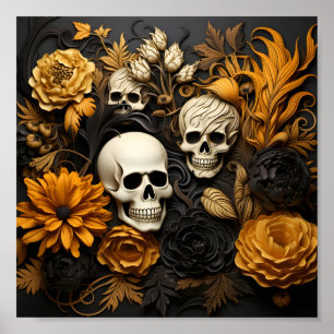 Awesome Halloween Pattern Flowers And White Skulls Poster
