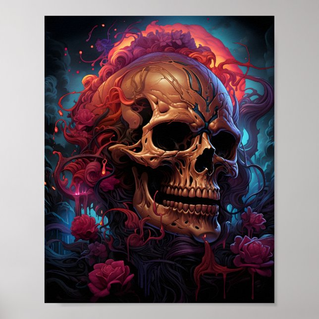 Awesome Halloween Skull Art In Purple Roses Poster (Front)