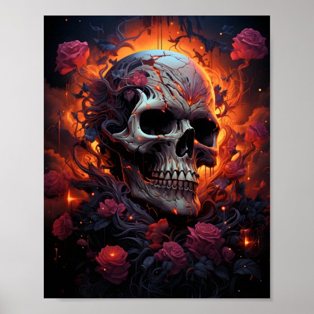 Awesome Halloween Skull Art In Purple Roses Poster (Front)