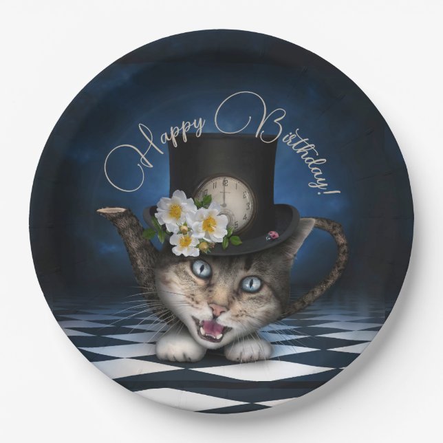 Awesome Mad Hatter Teapot Cat Whimsical Birthday Paper Plate (Front)