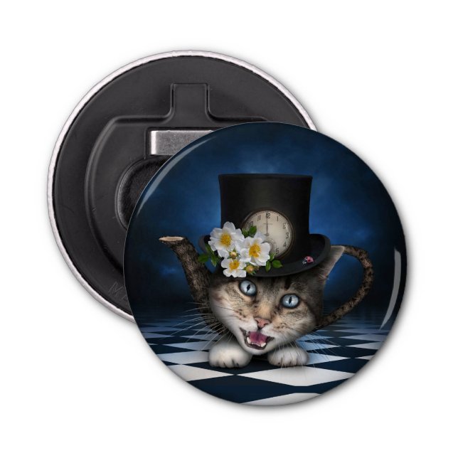 Awesome Mad Hatter Teapot Cat Whimsical Design Bottle Opener (Front)