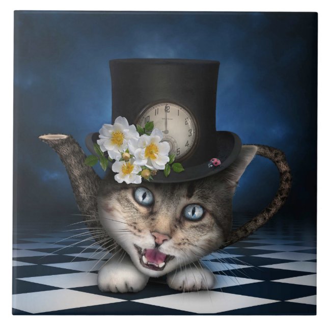 Awesome Mad Hatter Teapot Cat Whimsical Design Ceramic Tile (Front)