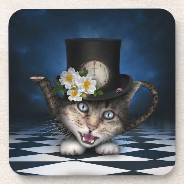 Awesome Mad Hatter Teapot Cat Whimsical Design Coaster (Front)