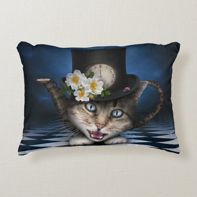 Awesome Mad Hatter Teapot Cat Whimsical Design Decorative Cushion (Front)