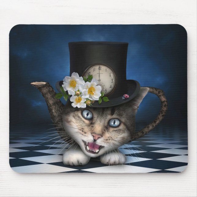 Awesome Mad Hatter Teapot Cat Whimsical Design Mouse Pad (Front)