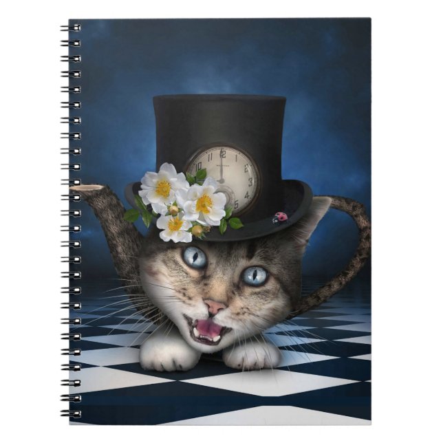 Awesome Mad Hatter Teapot Cat Whimsical Design Notebook (Front)