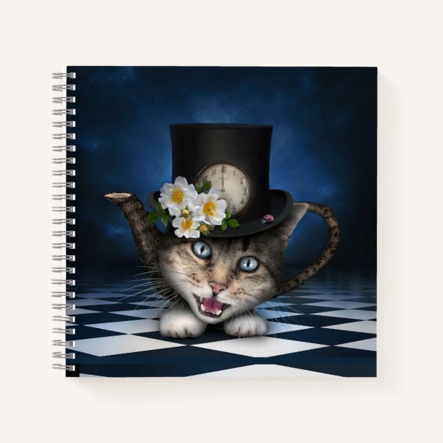 Awesome Mad Hatter Teapot Cat Whimsical Design Notebook (Front)