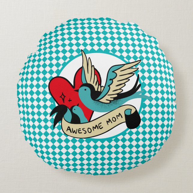 Awesome Mum Tattoo and Harlequin  Round Cushion (Front)