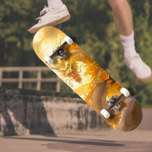 Awesome Mythical Golden Dragon Soaring in Clouds Skateboard (Creator Uploaded)