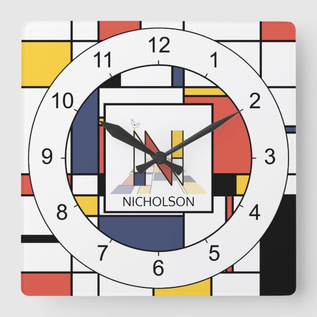 Awesome Neoplasticism Art Monogram. Letter N Square Wall Clock (Front)