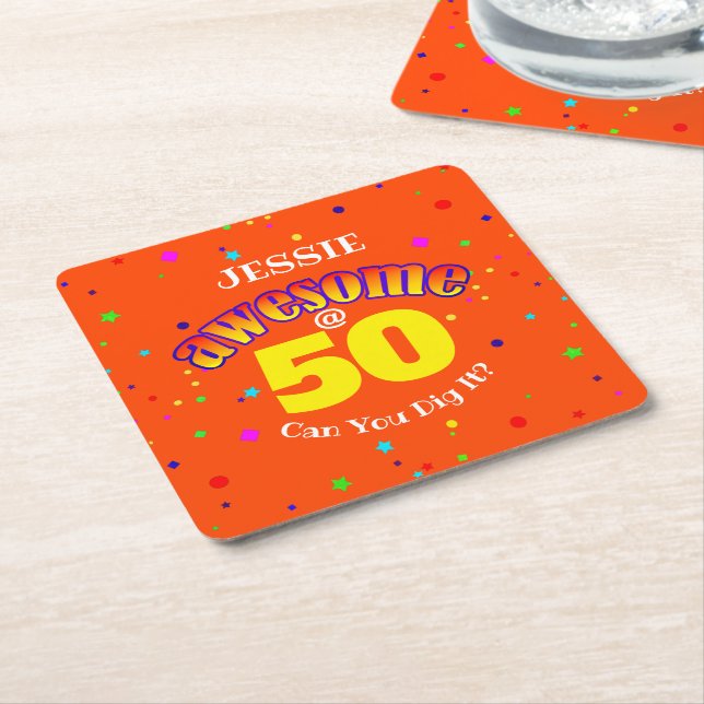 AWESOME Orange 50TH BIRTHDAY  Square Paper Coaster (Angled)